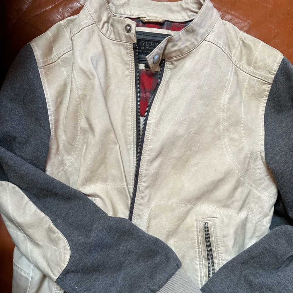 Vintage Guess bomber jacket tan with grey accented sleeves Size S